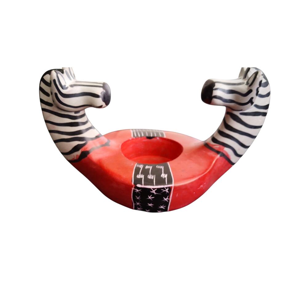 Vintage Soapstone Kenya Zebra Two-Head Tealight Candle Holder • Black White Red